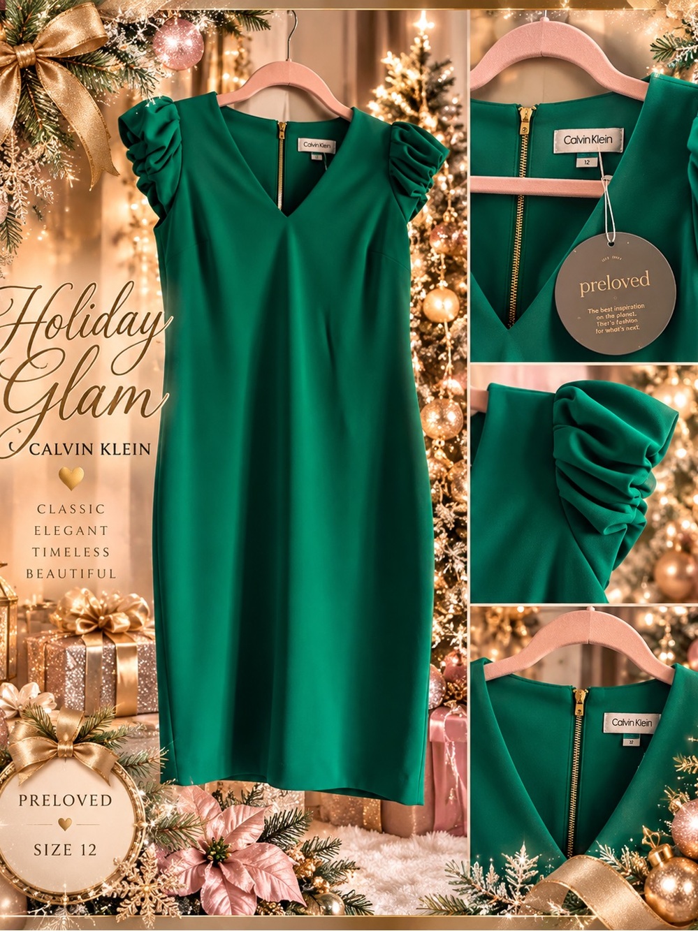 Calvin Klein Emerald Green V-Neck Midi Dress with Ruched Puff Sleeves